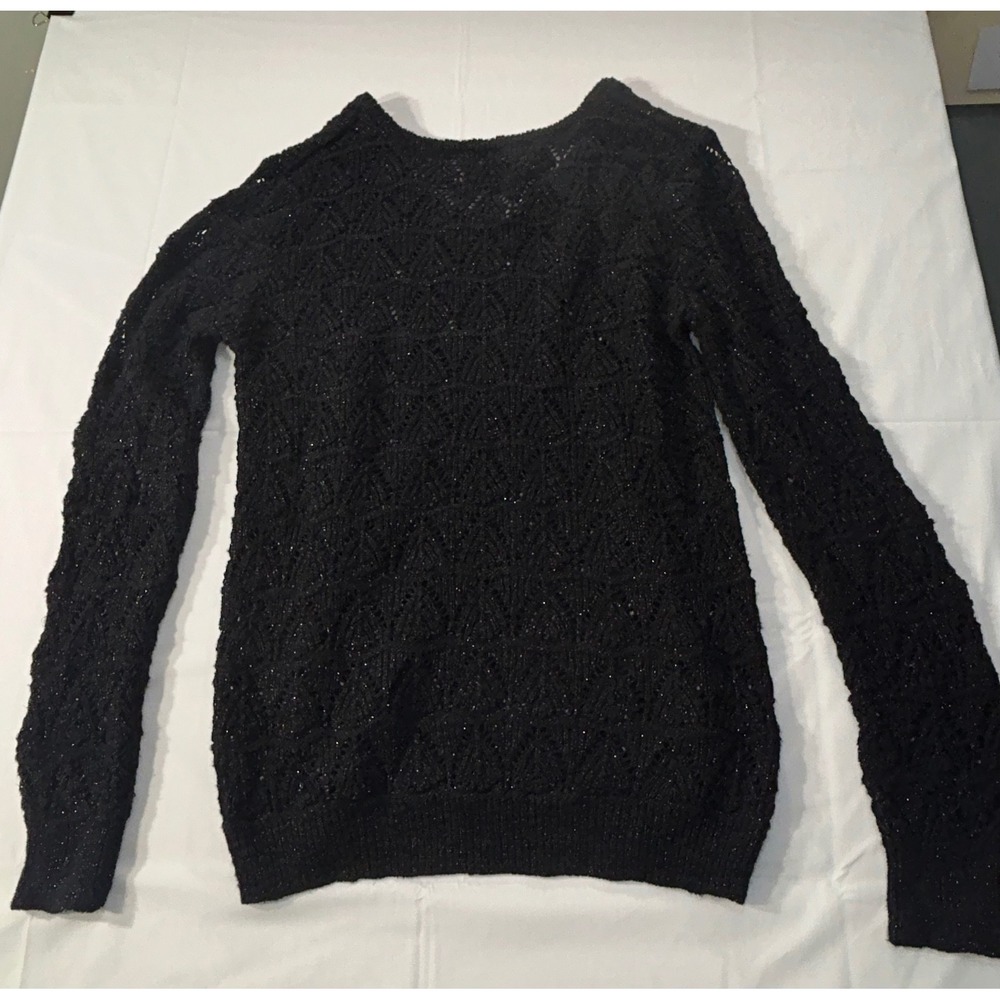 Buffalo Jeans Black Pointelle Knit Metallic V-Neck Sweater Long Sleeve Small